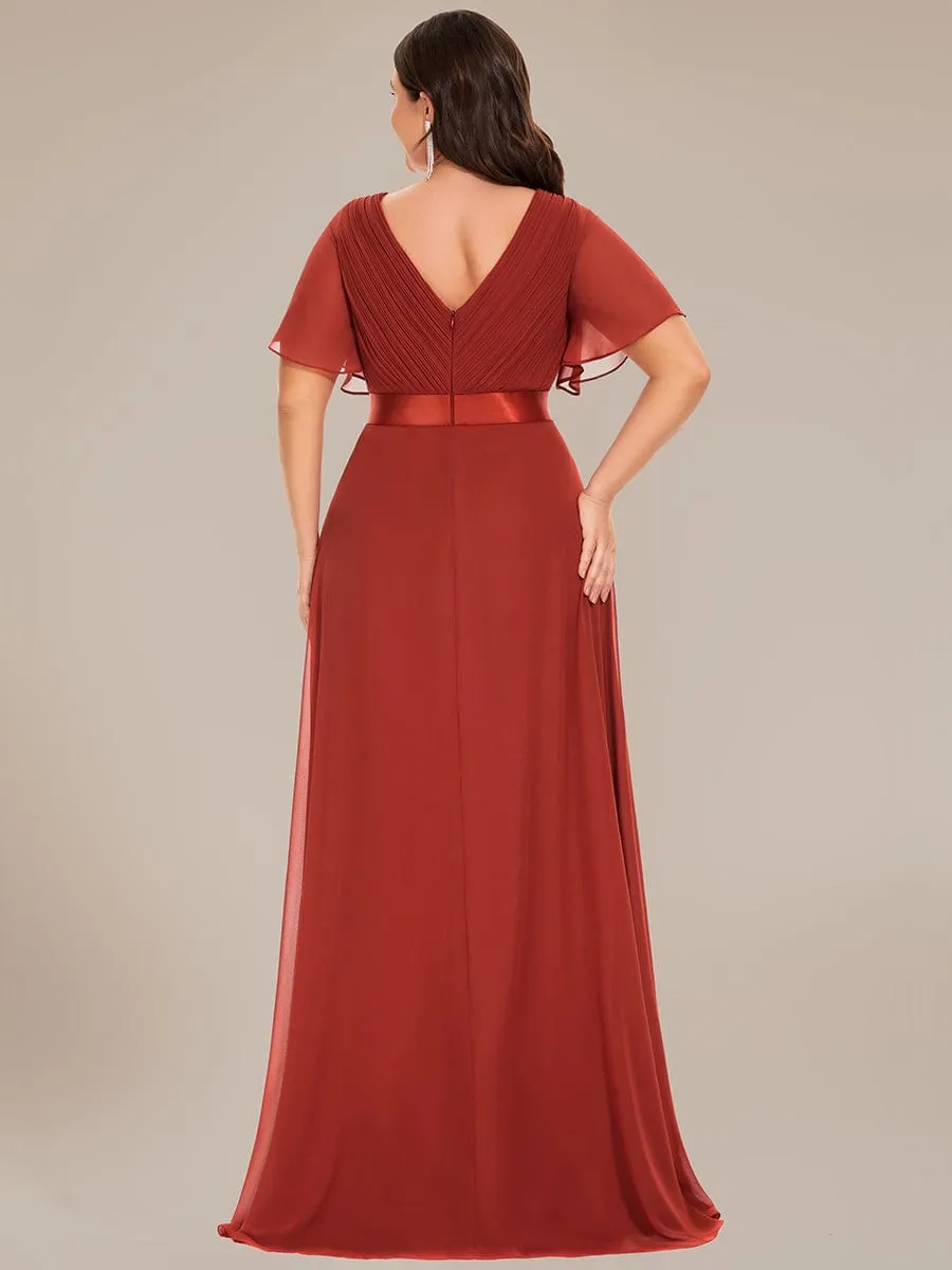 Plus Size Empire Waist V Back Bridesmaid Dress with Short Sleeves