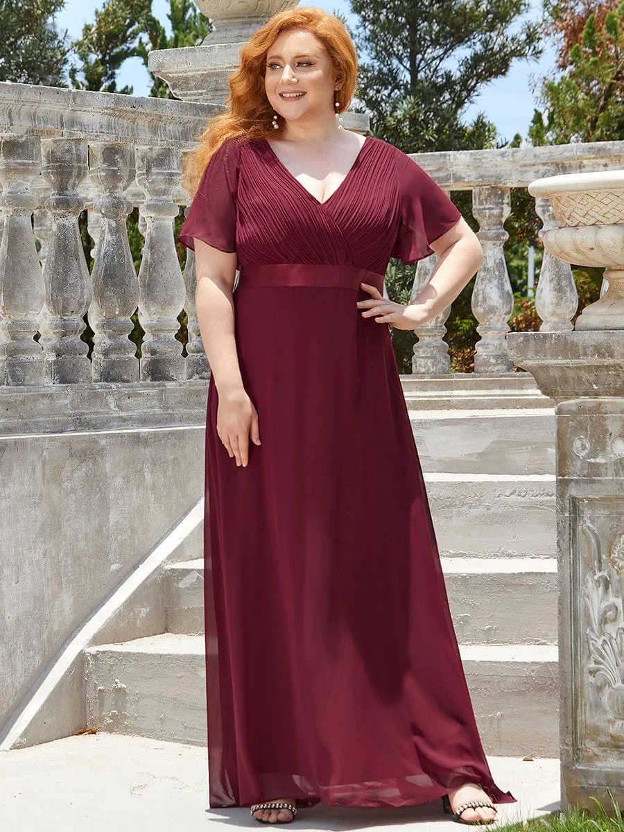 Plus Size Empire Waist V Back Bridesmaid Dress with Short Sleeves