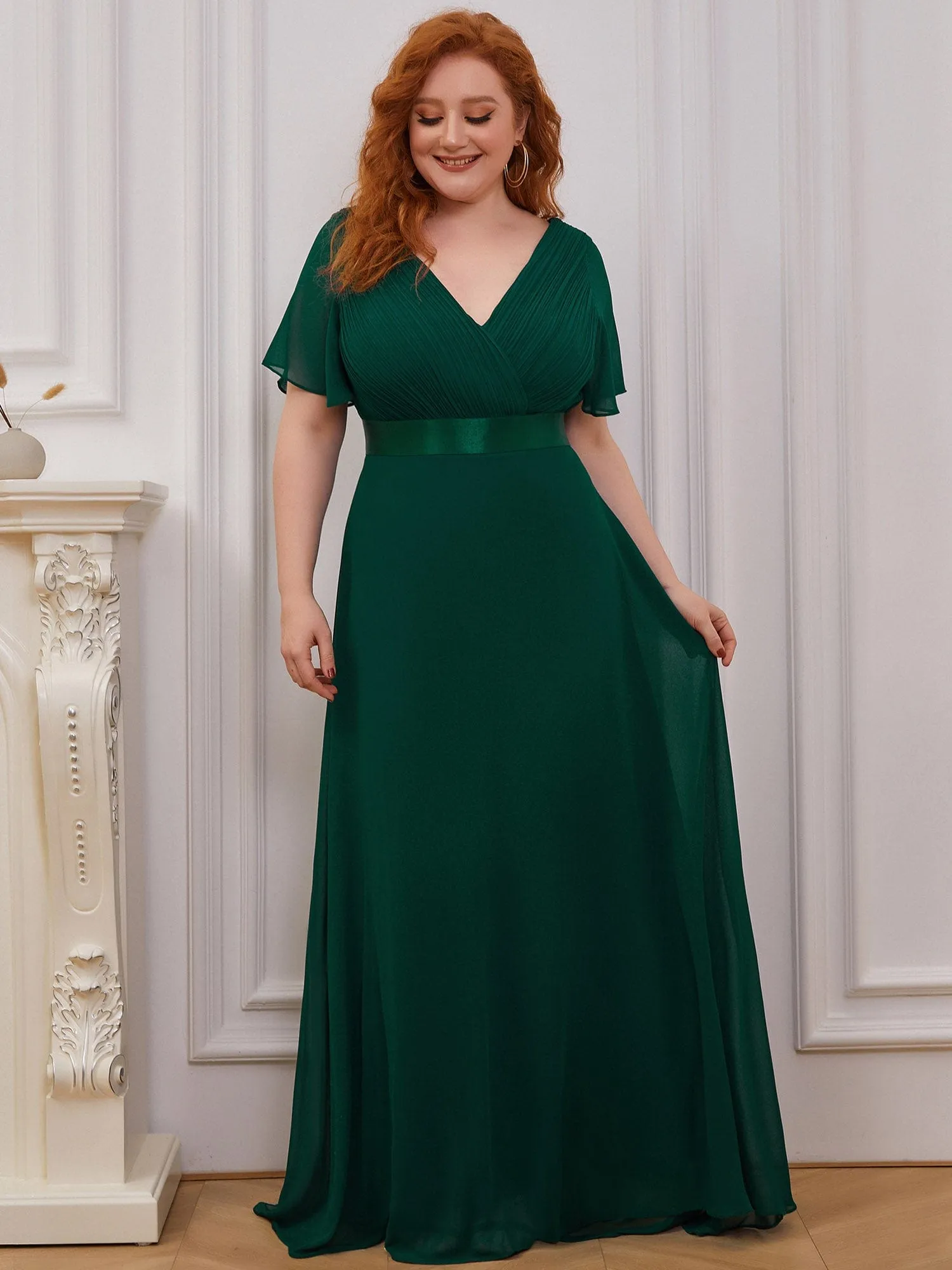 Plus Size Empire Waist V Back Bridesmaid Dress with Short Sleeves