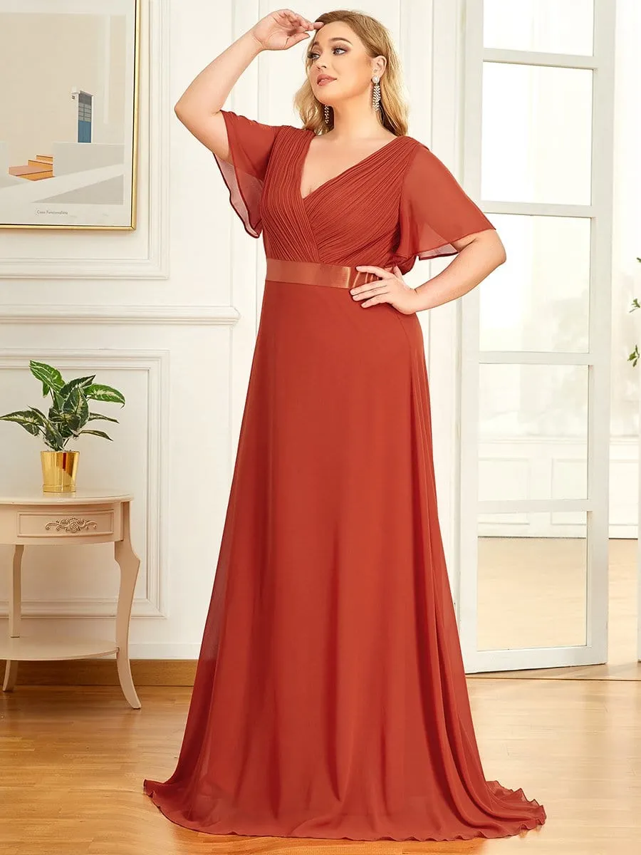 Plus Size Empire Waist V Back Bridesmaid Dress with Short Sleeves