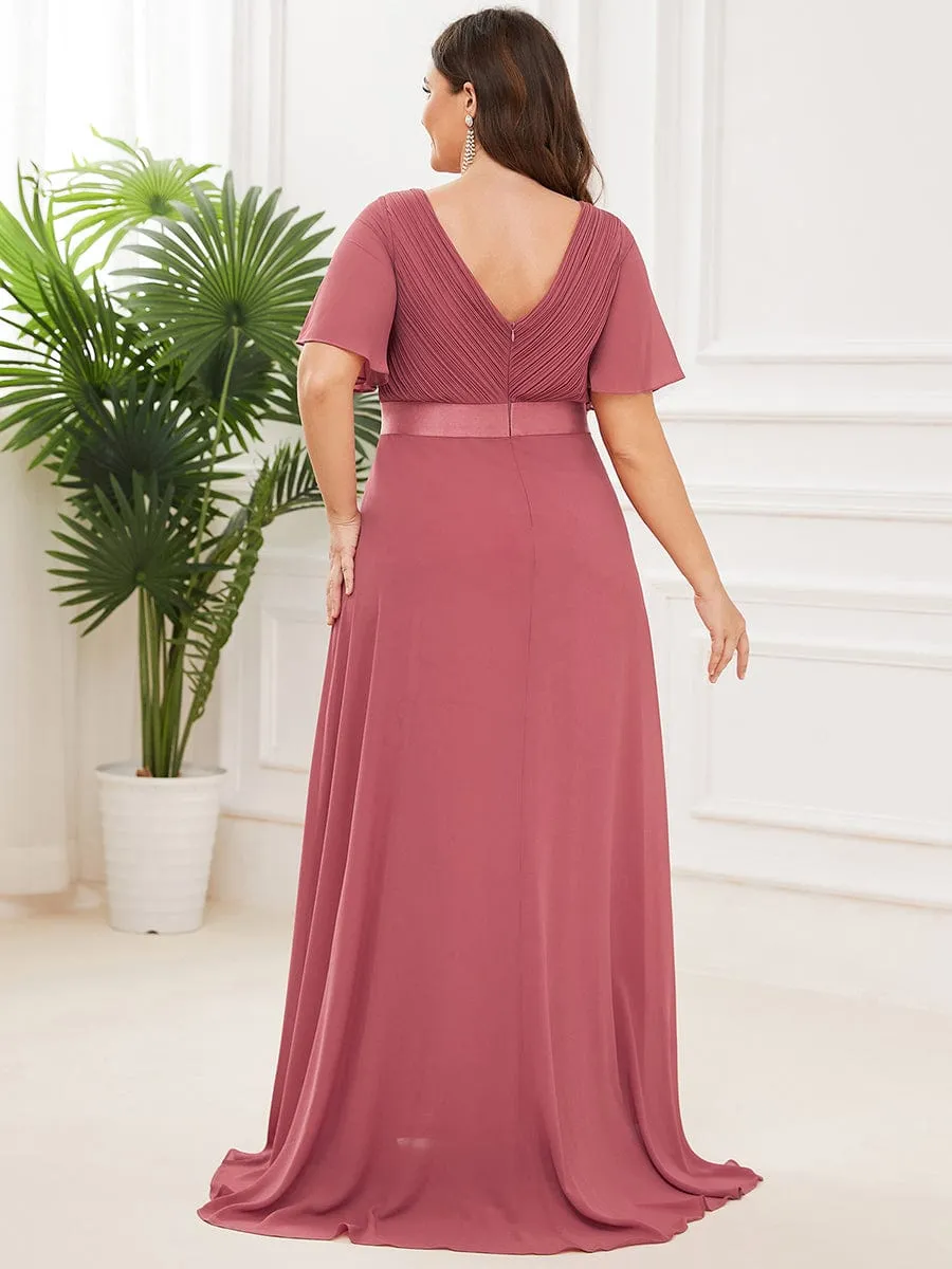 Plus Size Empire Waist V Back Bridesmaid Dress with Short Sleeves