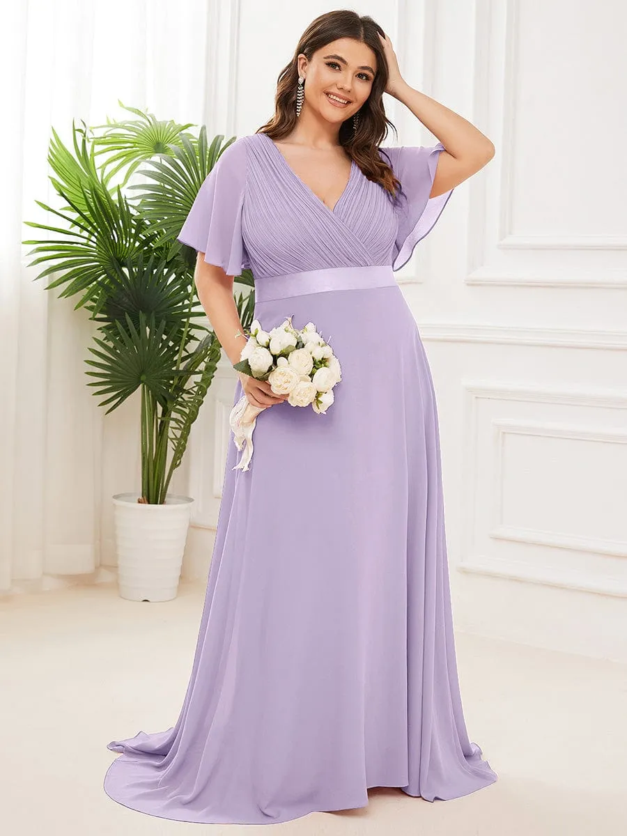 Plus Size Empire Waist V Back Bridesmaid Dress with Short Sleeves