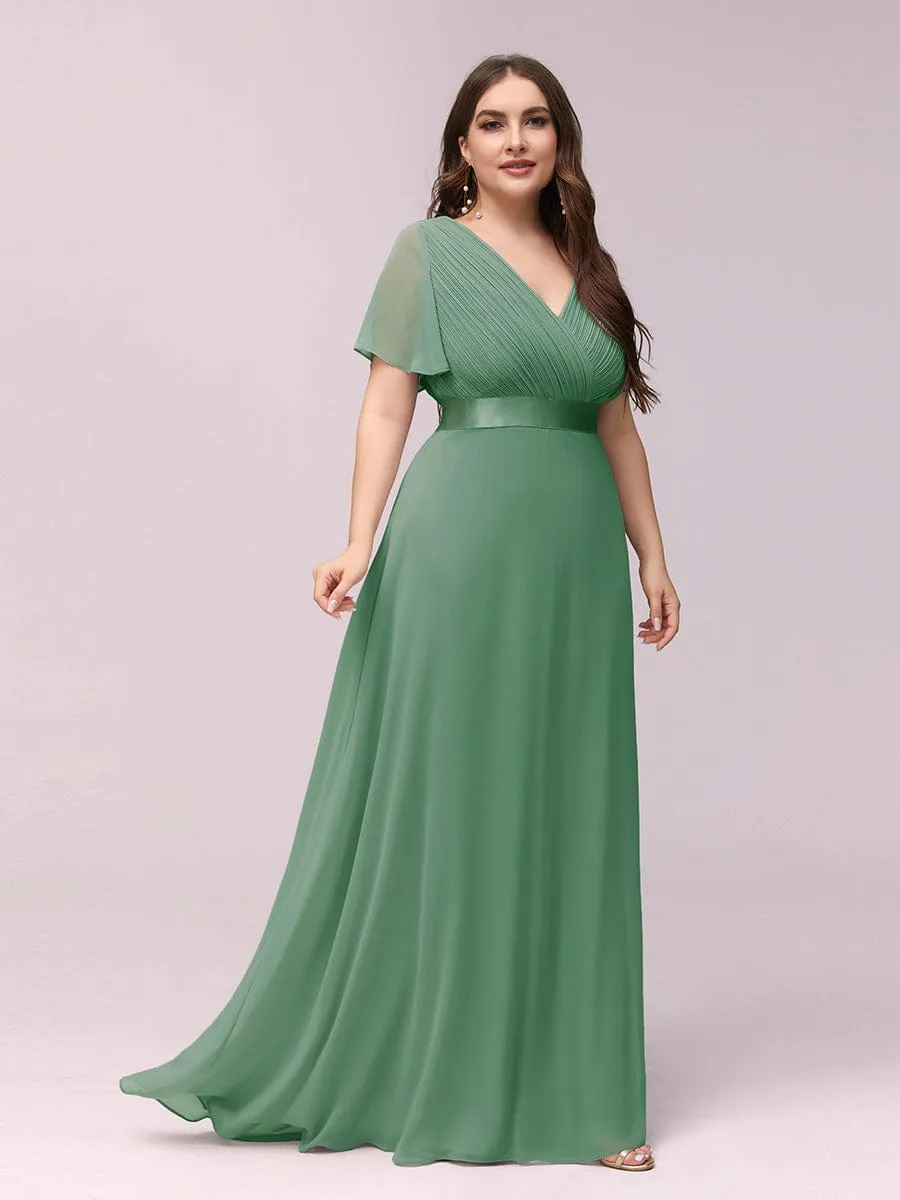 Plus Size Empire Waist V Back Bridesmaid Dress with Short Sleeves