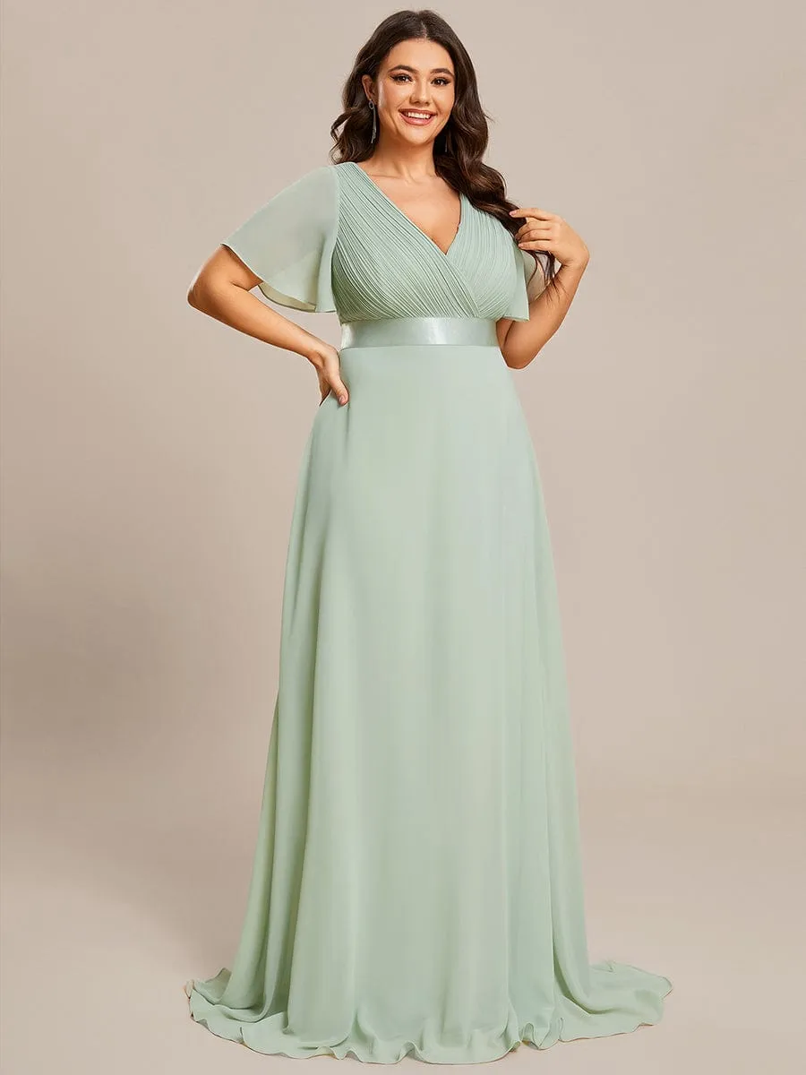 Plus Size Empire Waist V Back Bridesmaid Dress with Short Sleeves