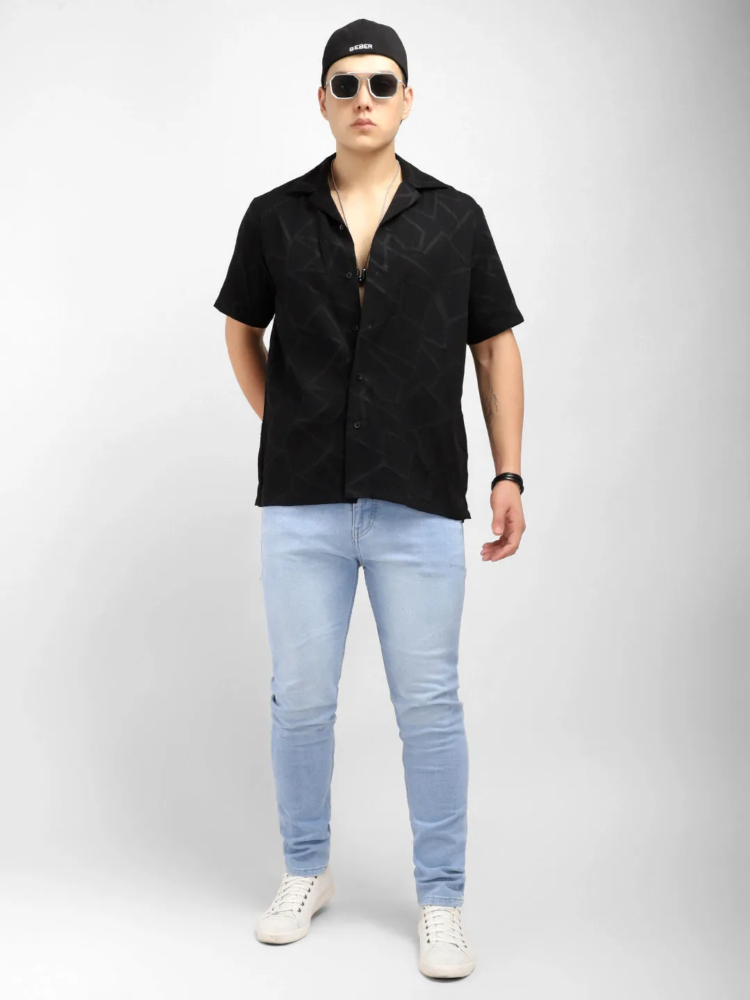 Quiltrend Black Self Design Half Sleeve Shirt