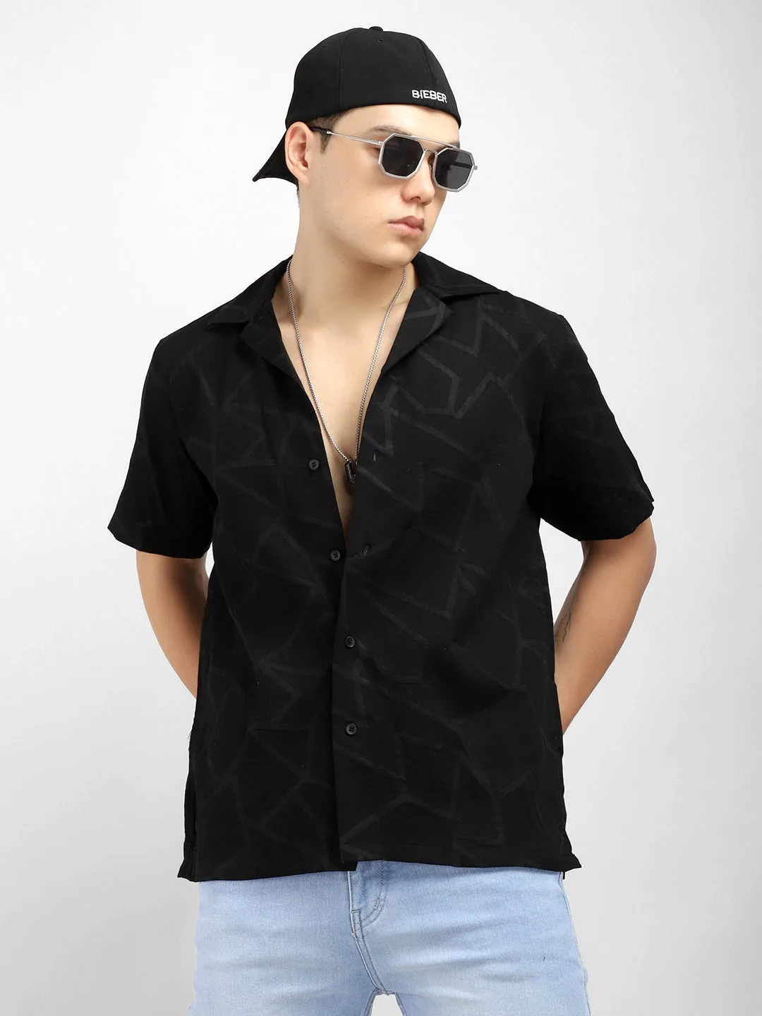 Quiltrend Black Self Design Half Sleeve Shirt