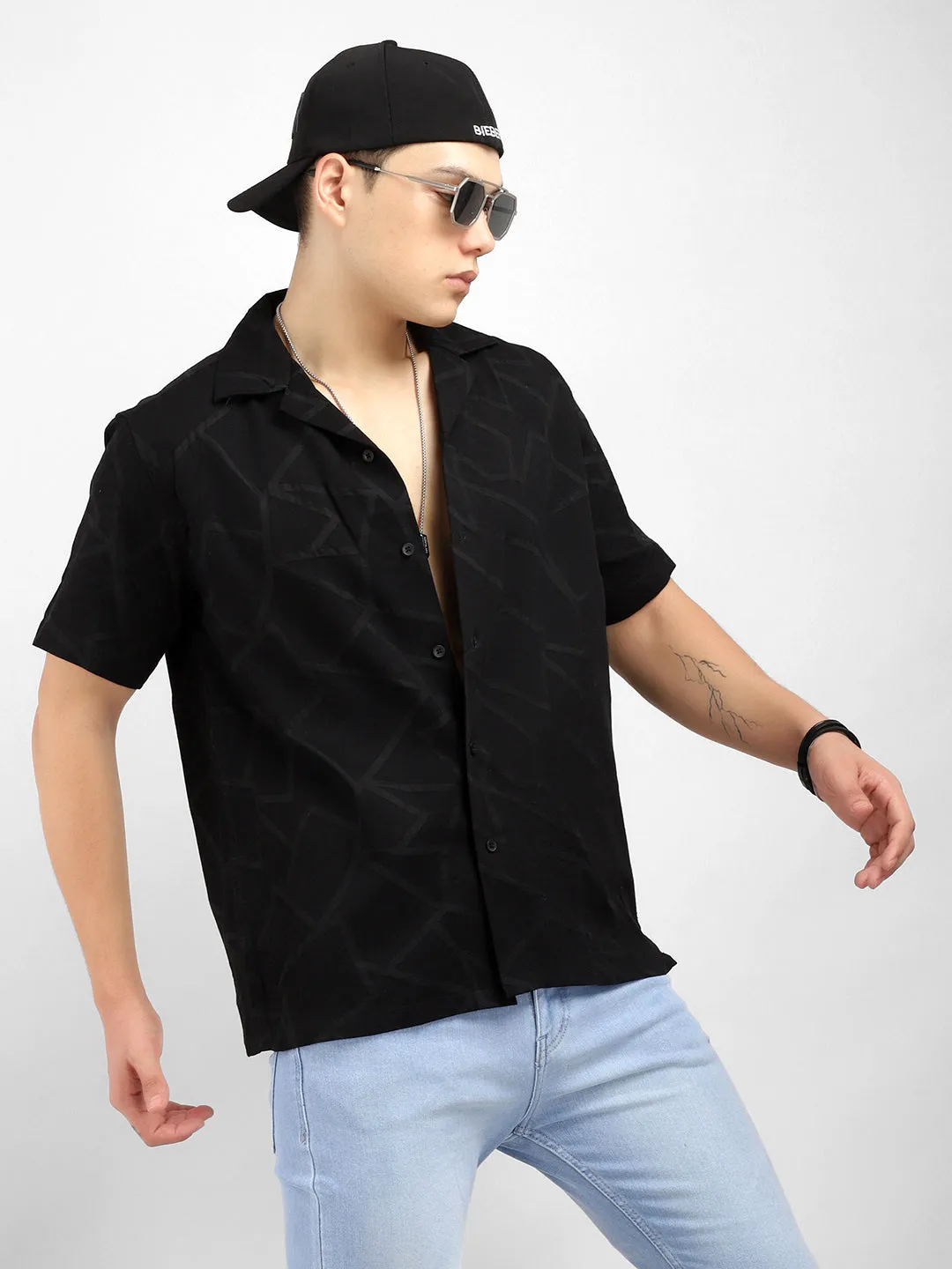 Quiltrend Black Self Design Half Sleeve Shirt