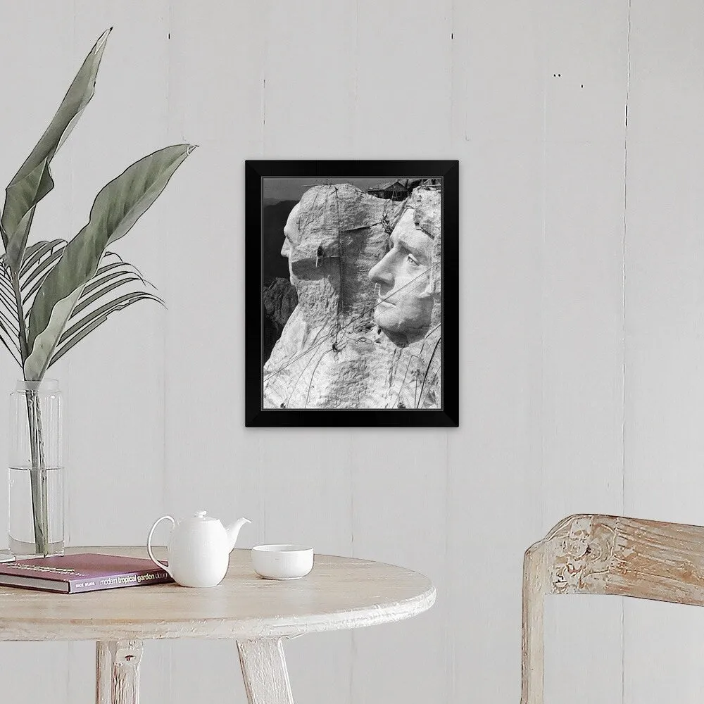 "1930's Mount Rushmore Under Construction Men Working On George Washington" Black Framed Print