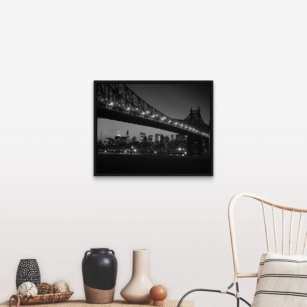 "1960's Queensboro Bridge And Manhattan Skyline At Night New York City NY USA" Black Float Frame Canvas Art