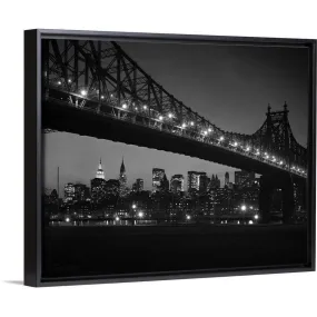 "1960's Queensboro Bridge And Manhattan Skyline At Night New York City NY USA" Black Float Frame Canvas Art