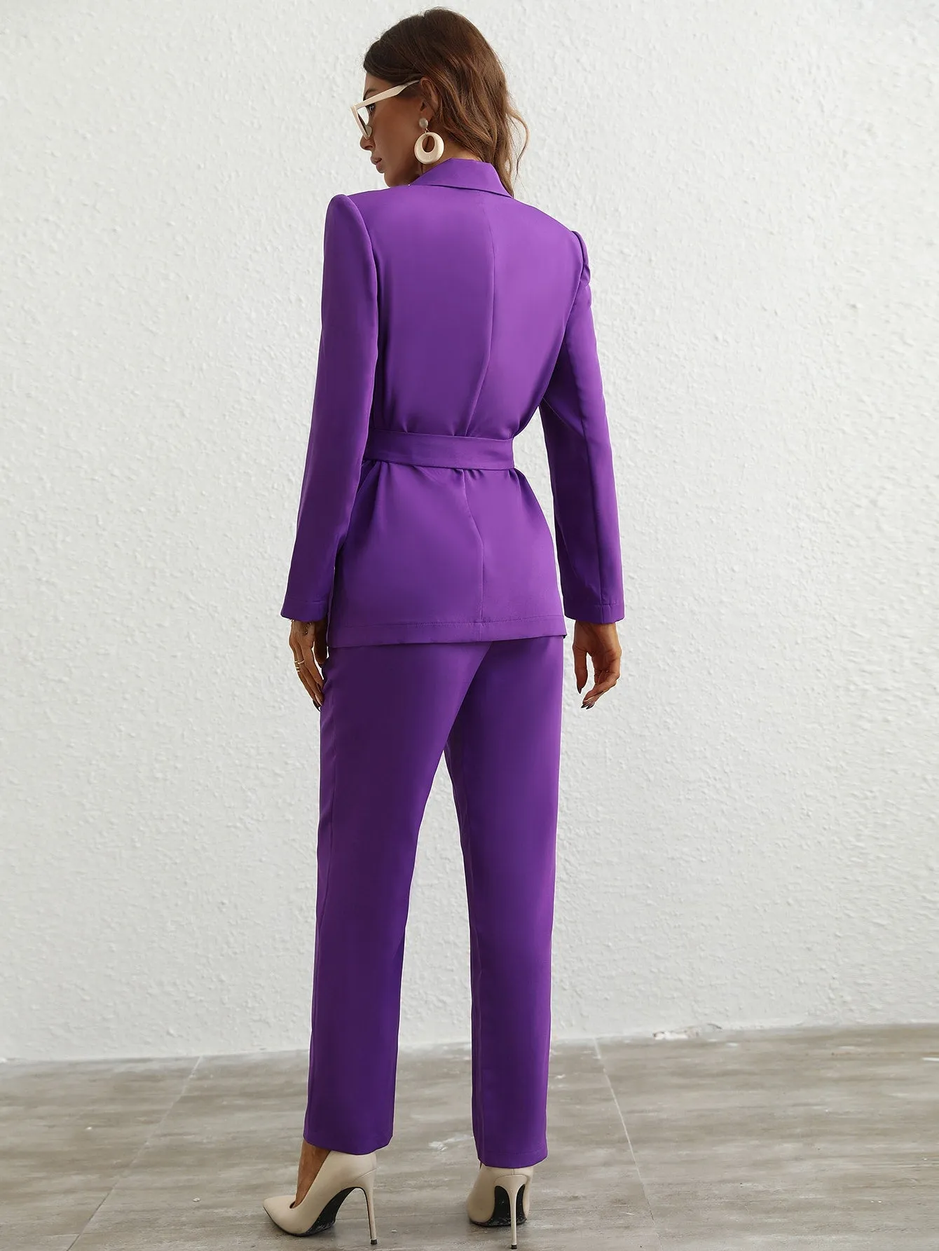 Single Button Belted Blazer Tailored Pants