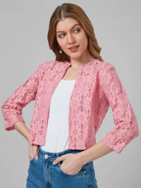 Style Quotient Women Dusty Pink Self Design  Lace regular fit Open front Shrug