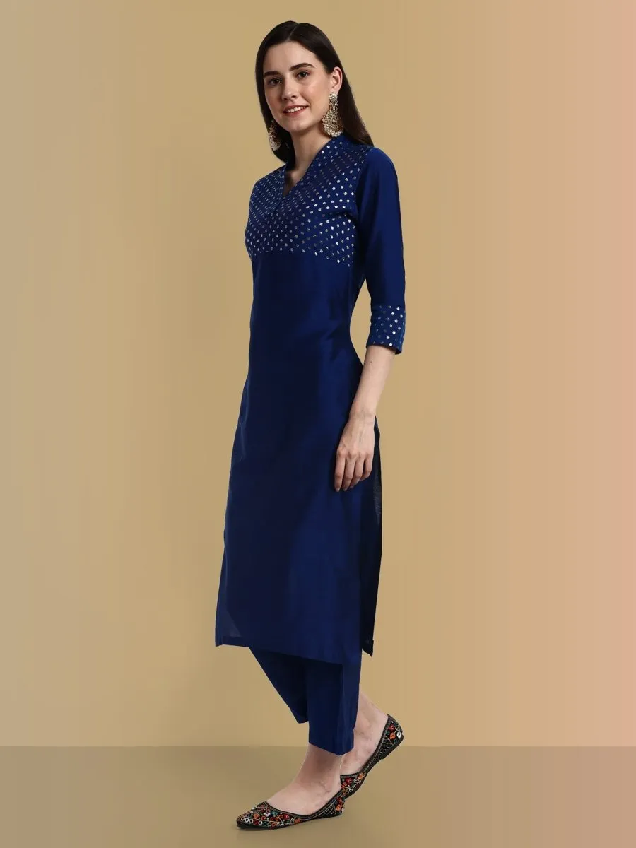 V-Neck Ink Blue Cotton Silk and Chanderi Kurta & Pant - Set of 3