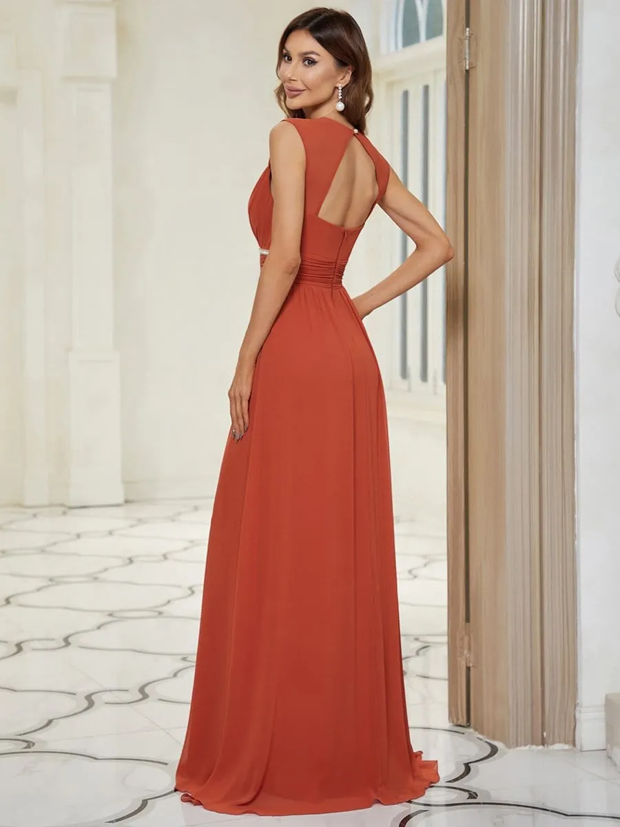 V-Neck Sleeveless Beaded Belt Chiffon A-Line Evening Dress