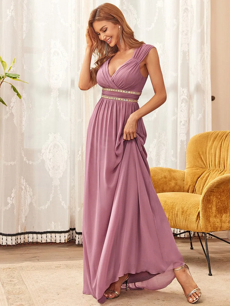 V-Neck Sleeveless Beaded Belt Chiffon A-Line Evening Dress