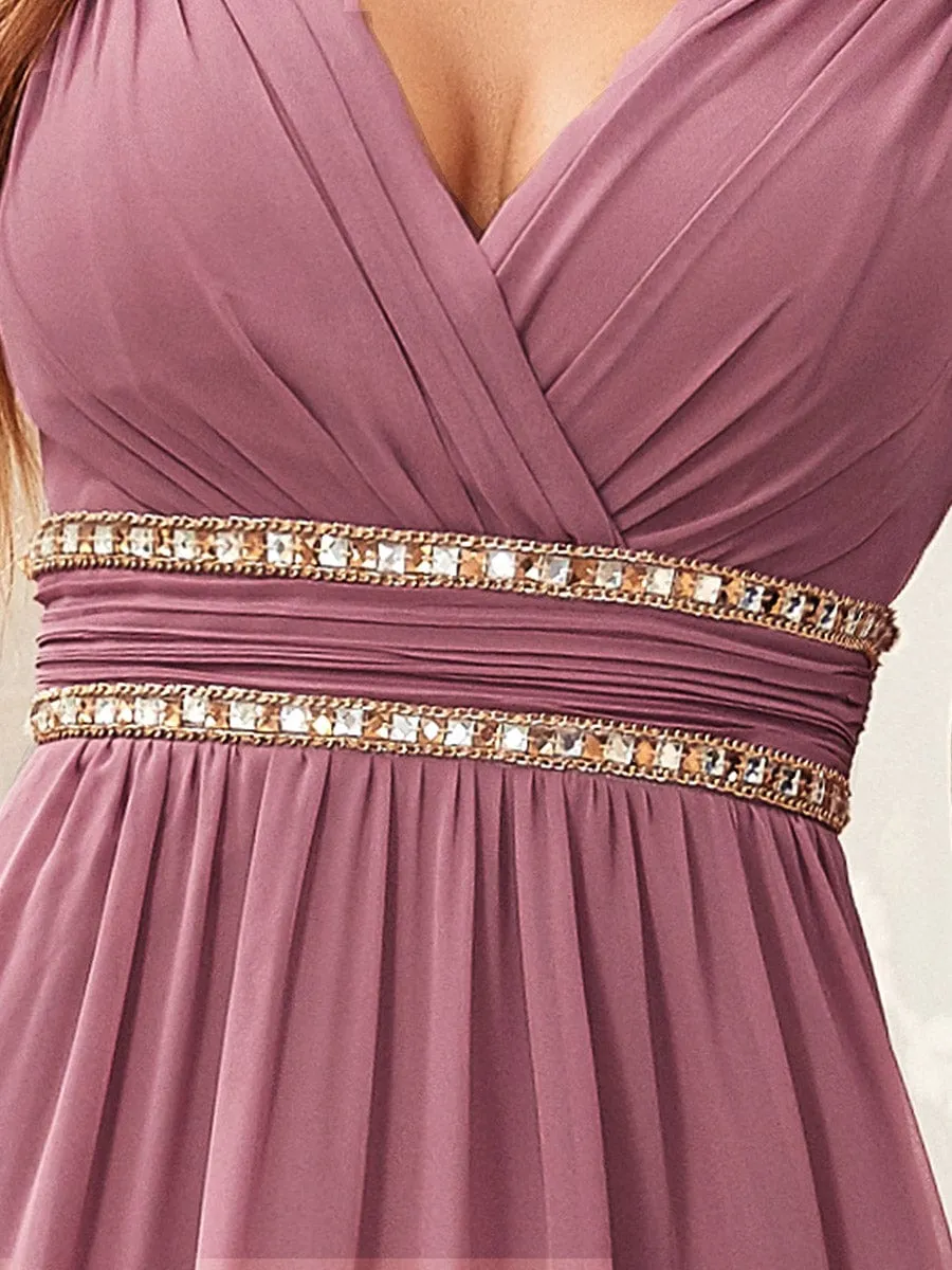 V-Neck Sleeveless Beaded Belt Chiffon A-Line Evening Dress