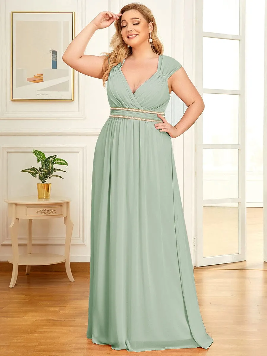 V-Neck Sleeveless Beaded Belt Chiffon A-Line Evening Dress