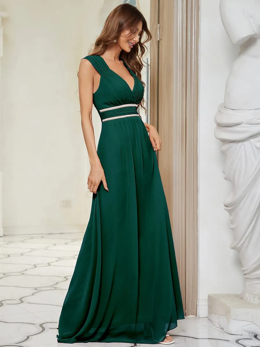 V-Neck Sleeveless Beaded Belt Chiffon A-Line Evening Dress