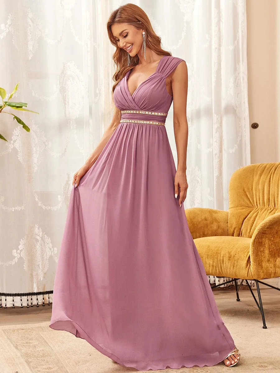 V-Neck Sleeveless Beaded Belt Chiffon A-Line Evening Dress