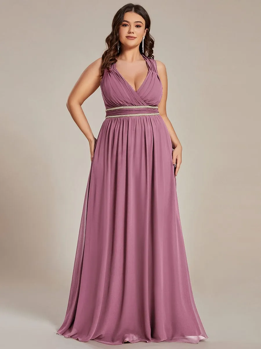 V-Neck Sleeveless Beaded Belt Chiffon A-Line Evening Dress