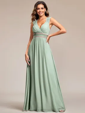 V-Neck Sleeveless Beaded Belt Chiffon A-Line Evening Dress