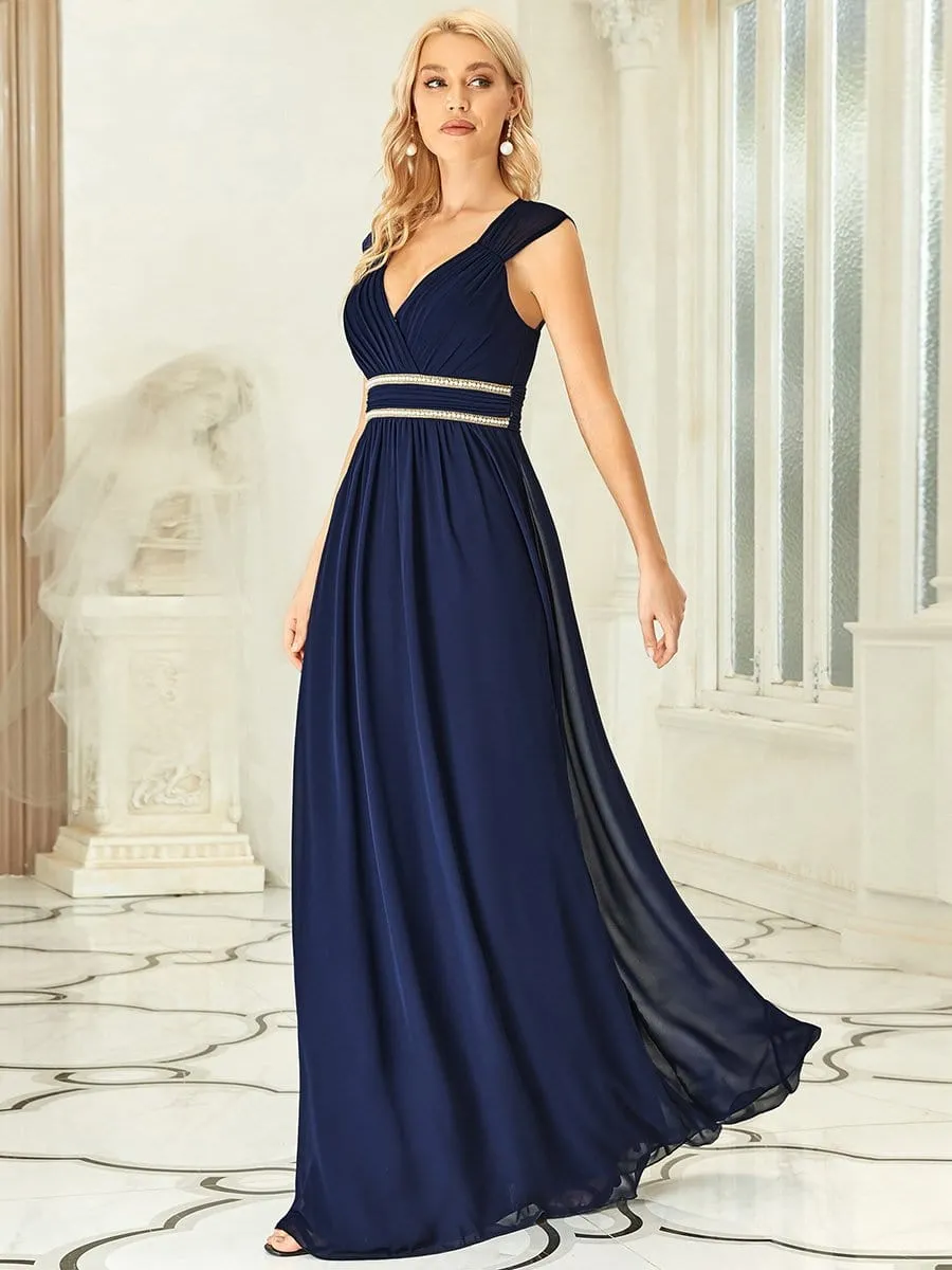 V-Neck Sleeveless Beaded Belt Chiffon A-Line Evening Dress