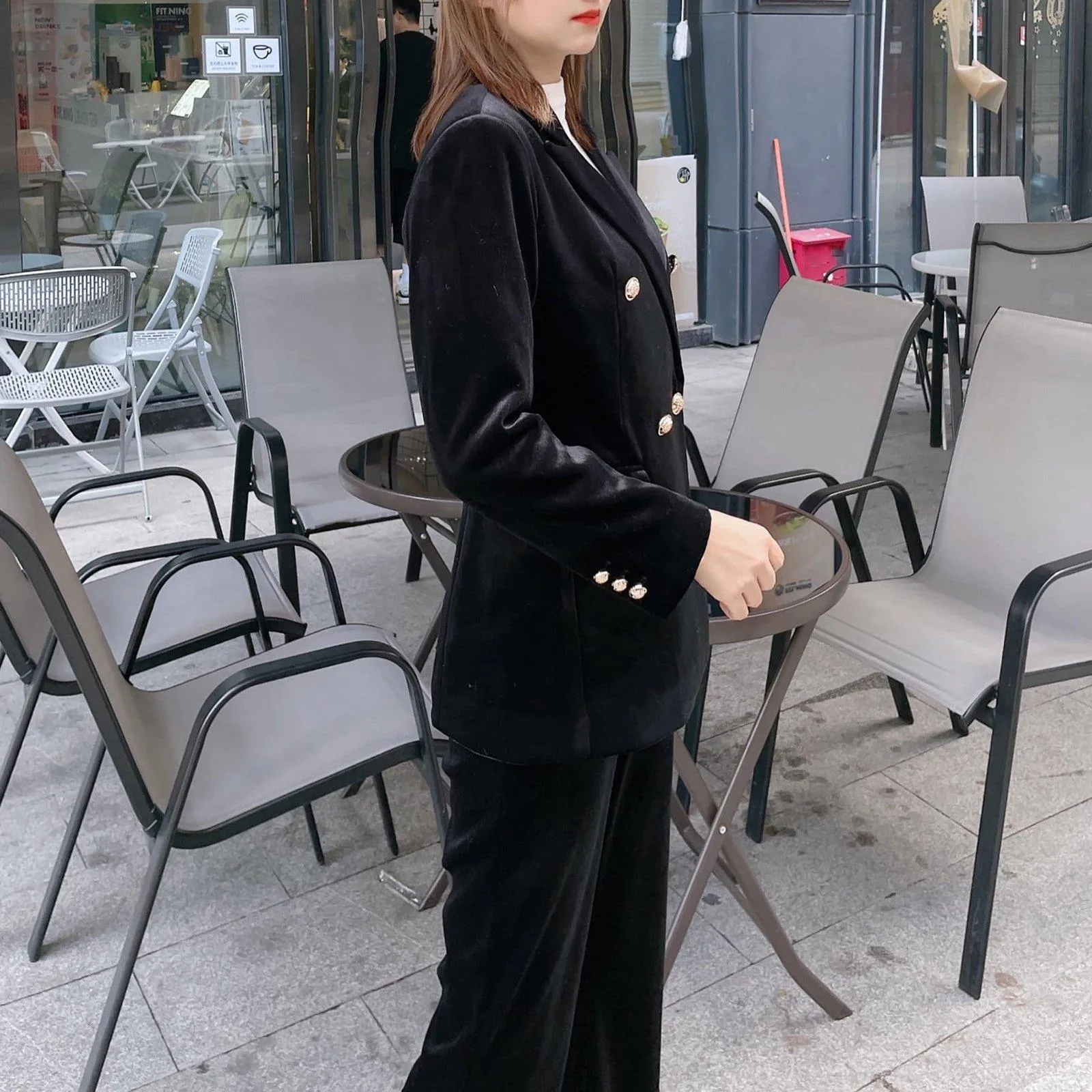 Velvet Double Breasted Blazer & Flare Pants Suit Set