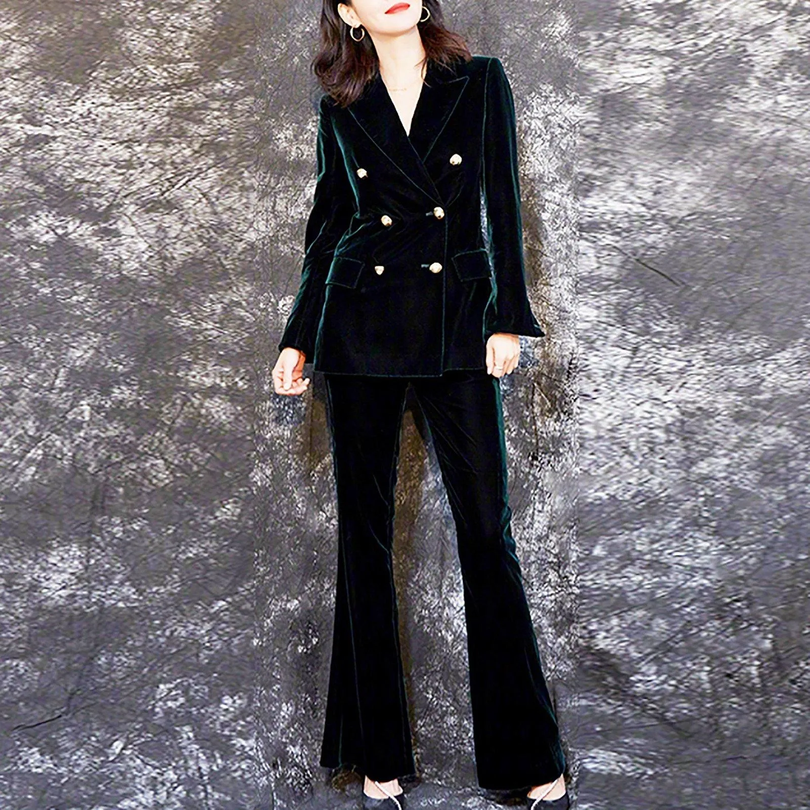 Velvet Double Breasted Blazer & Flare Pants Suit Set