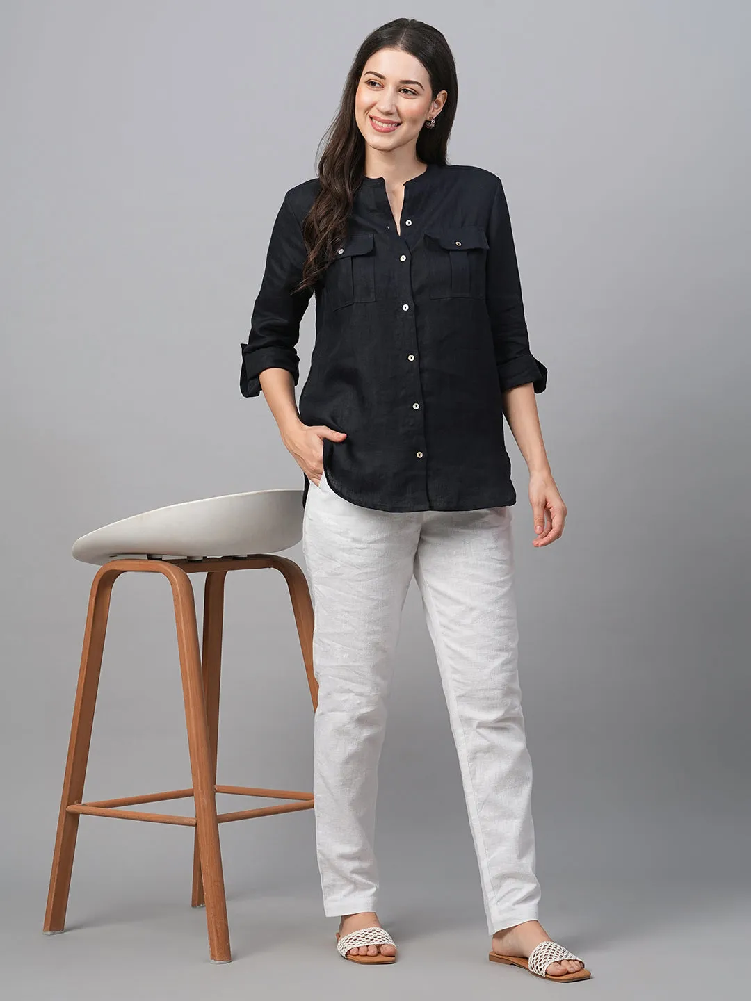 Women's Dark Blue Linen Regular Fit Blouse