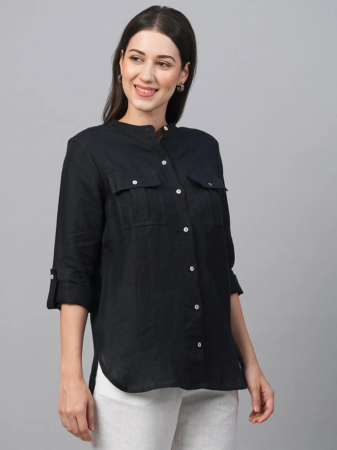 Women's Dark Blue Linen Regular Fit Blouse