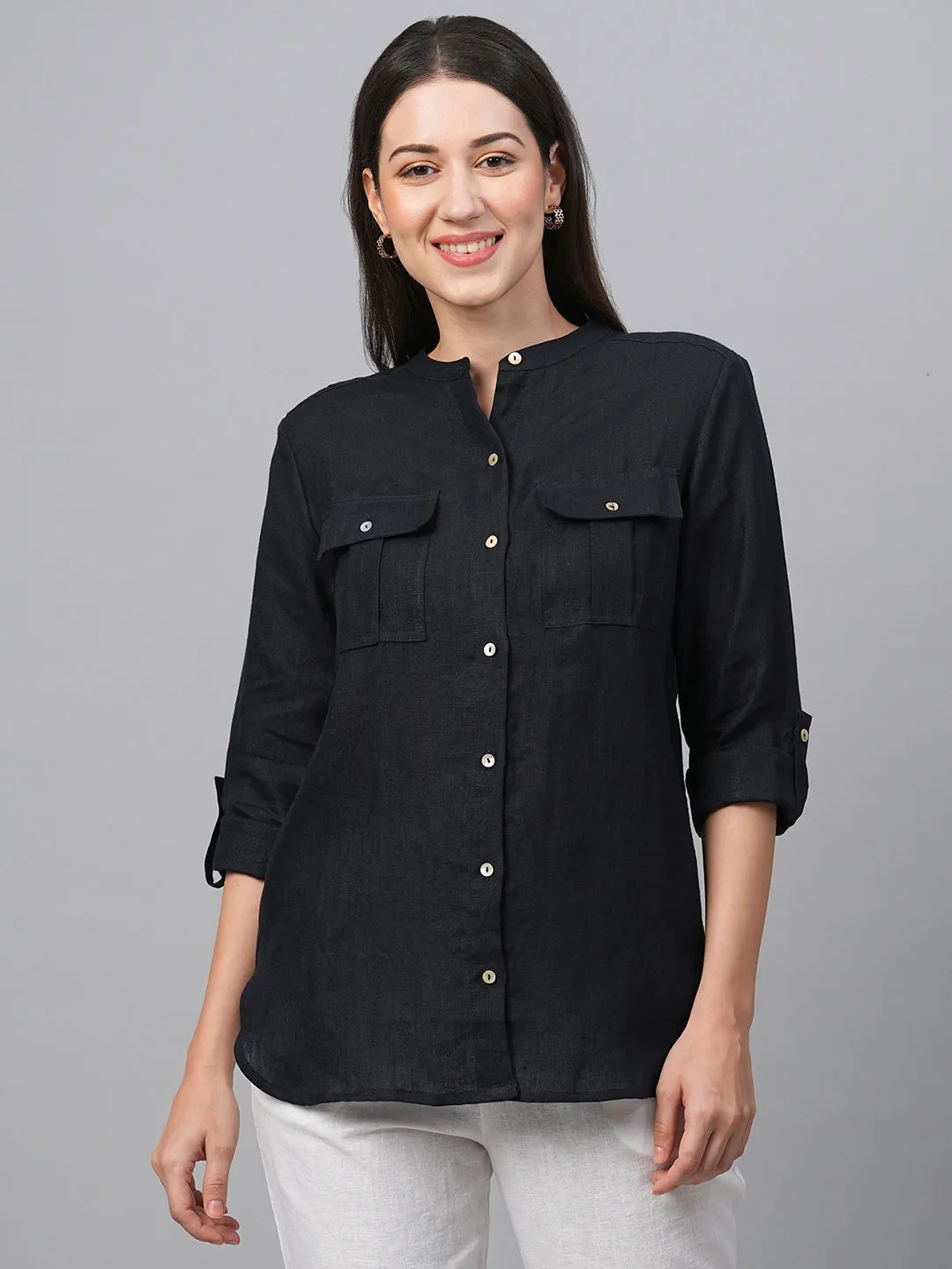 Women's Dark Blue Linen Regular Fit Blouse