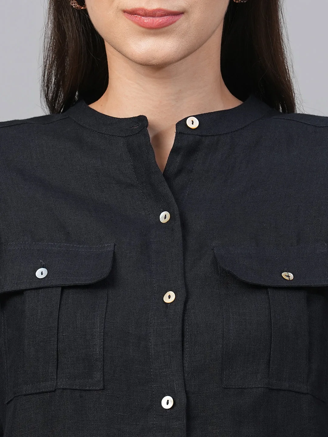 Women's Dark Blue Linen Regular Fit Blouse