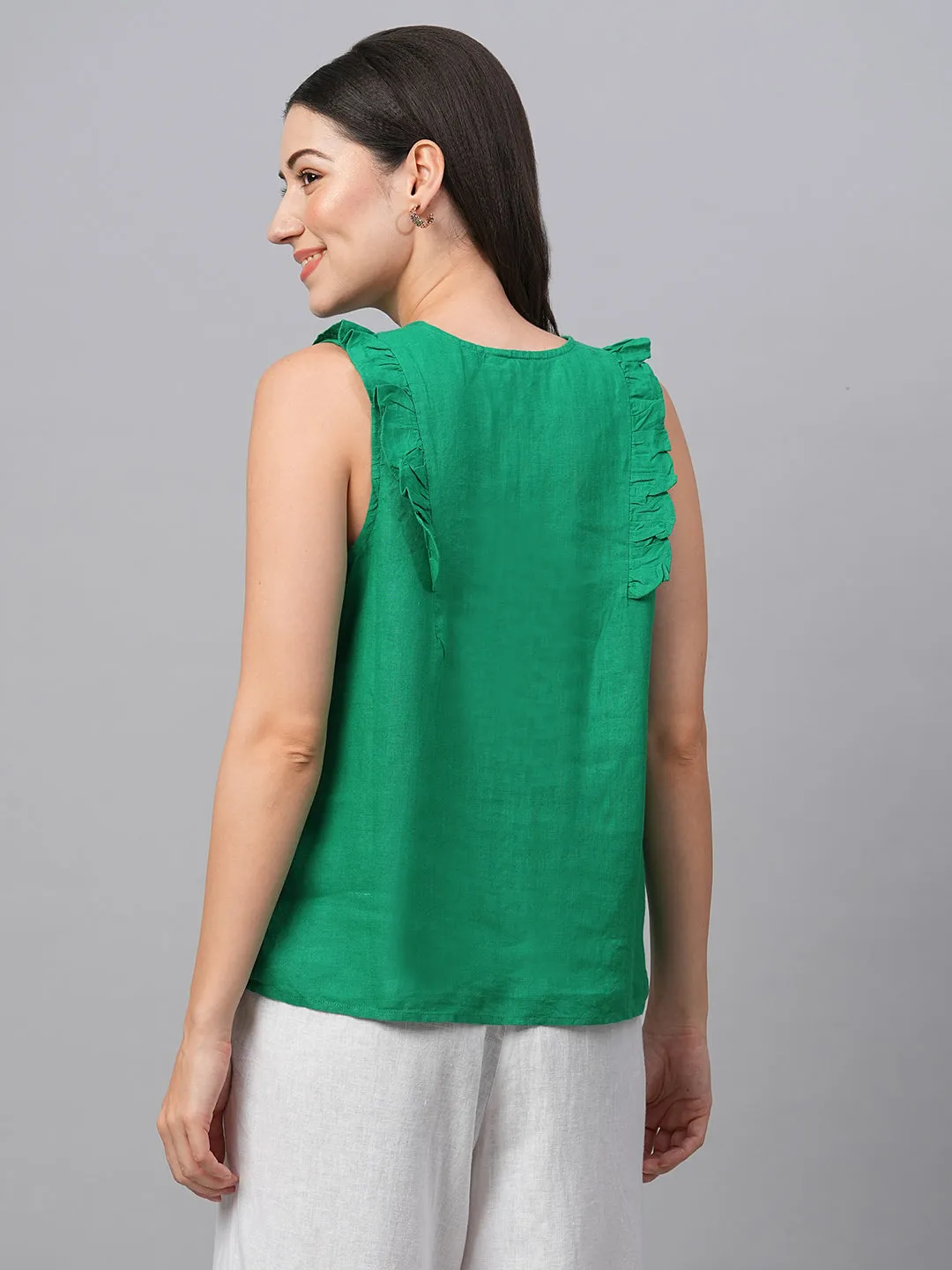 Women's Green 100% Linen Regular Fit Blouse