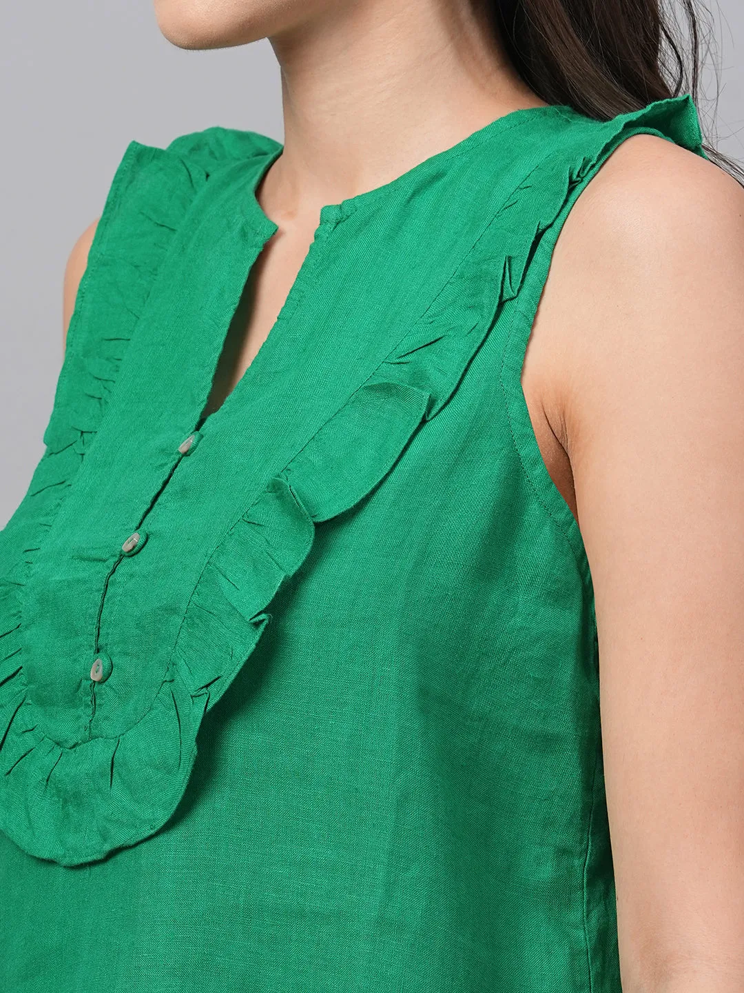 Women's Green 100% Linen Regular Fit Blouse