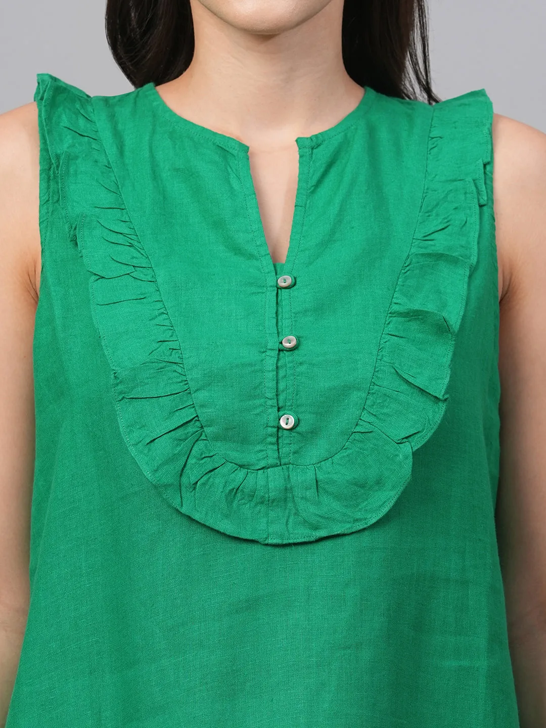 Women's Green 100% Linen Regular Fit Blouse