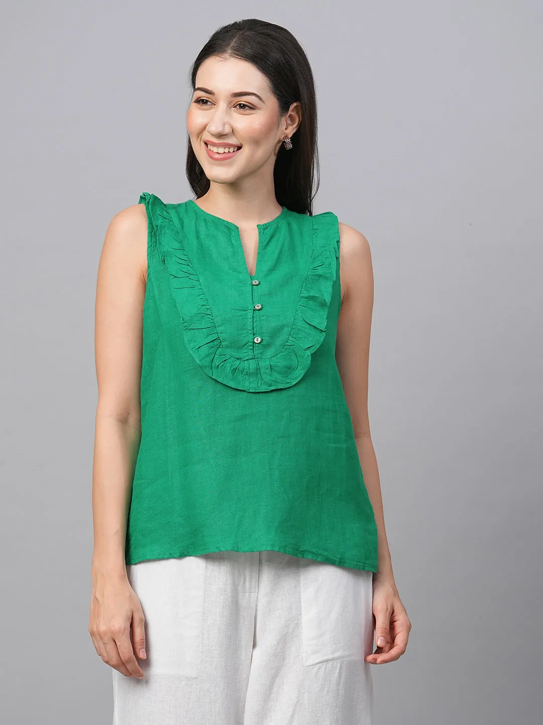 Women's Green 100% Linen Regular Fit Blouse