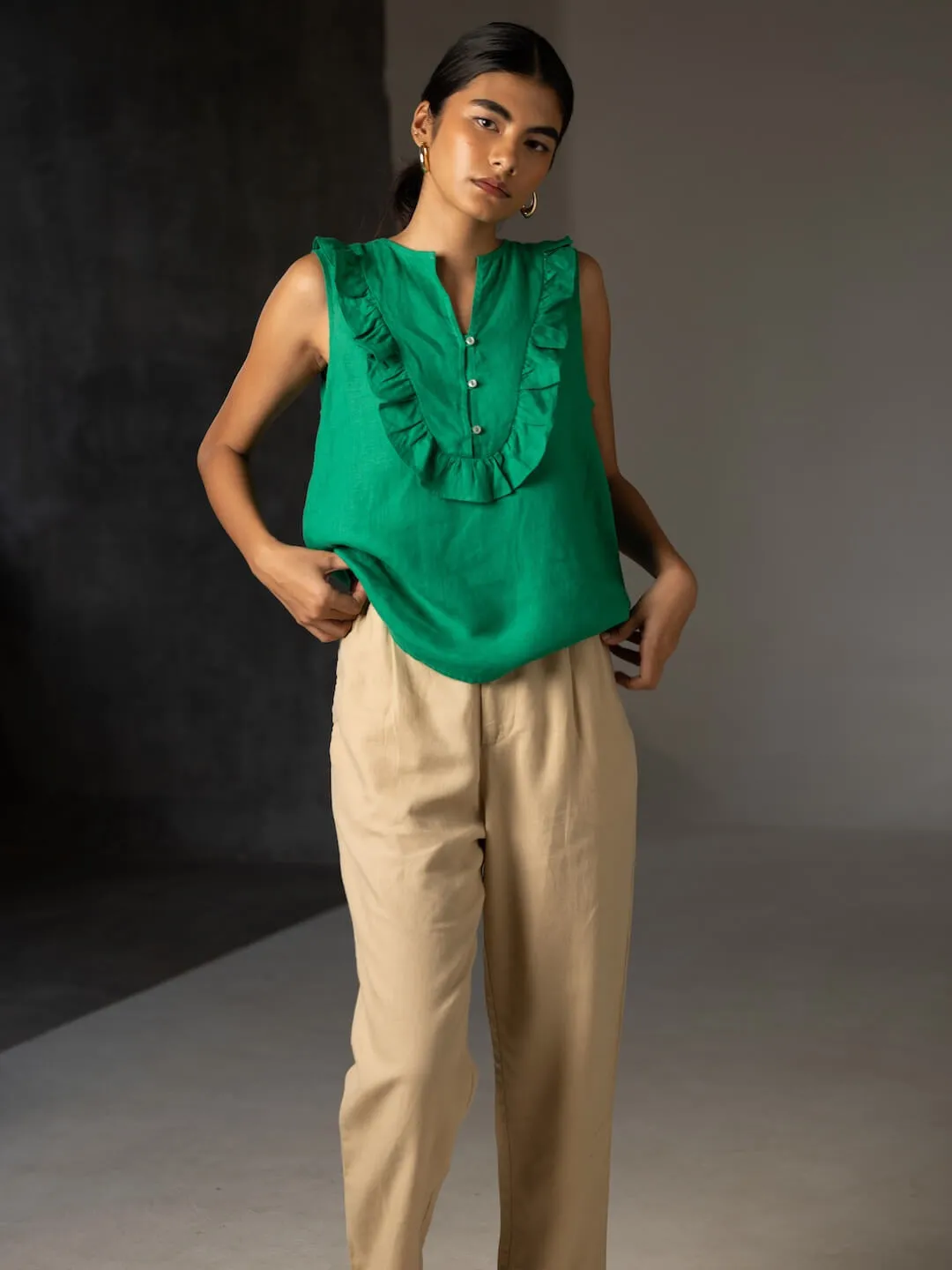 Women's Green 100% Linen Regular Fit Blouse